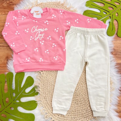  Conj. Casaco Choose Joy e Calça de Moletom - Rosa e Off White